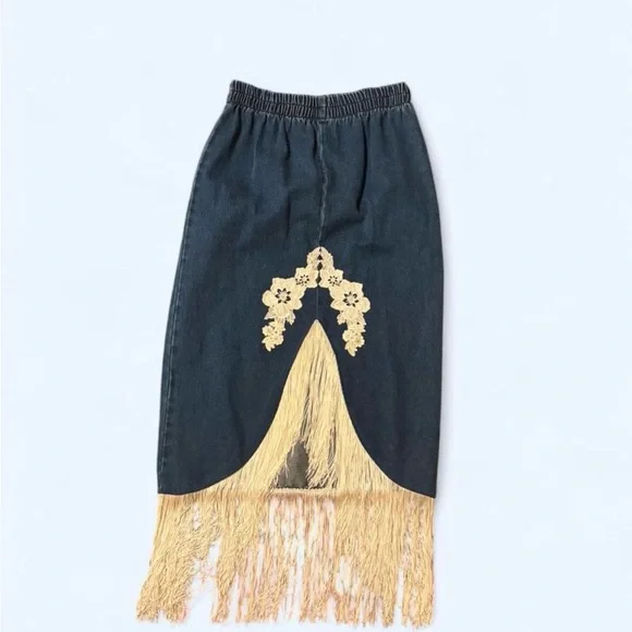 VTG Wanted by Beads 3-Pc Denim Set - Large - Fringe & Lace - Western Boho - Picture 2 of 8